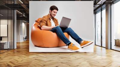 A man is sitting on a bean bag chair and using a laptop. He is smiling and he is enjoying himself. Concept of relaxation and leisure Wall mural