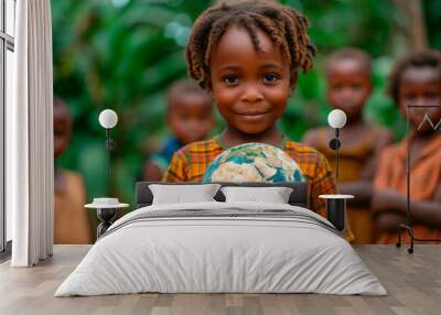 A young girl is holding a globe in her hands. She is smiling and she is happy. The other children in the background are also smiling, creating a joyful atmosphere Wall mural