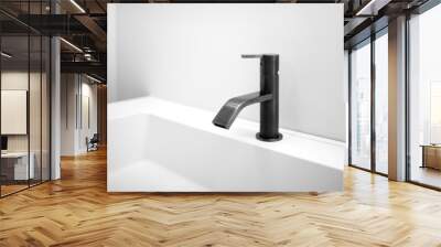 Bathroom white gray interior with white sink and close-up black modern techno style faucet Wall mural