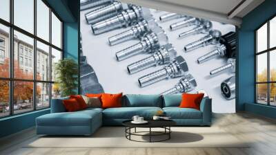 collection various types metal fittings, including nuts and bolts. Concept organization order, different pieces arranged neatly next to each other variety of shapes ndustrial background concept Wall mural