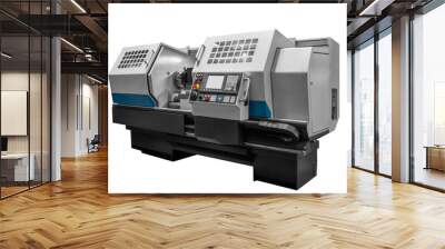 Manufacturing professional lathe machine. Industrial concept. Programmable modern cnc digital lathe with digital program control, turret type blade holder isolated on white transparent background Wall mural