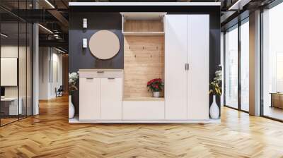 Modern hallway interior with stylish furniture, round mirror and wooden hanger on gray wall Wall mural