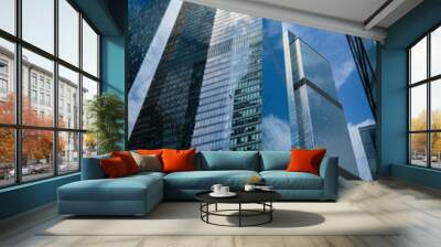 Tall office skyscrapers with sky reflection in windows, business concept banking background Wall mural