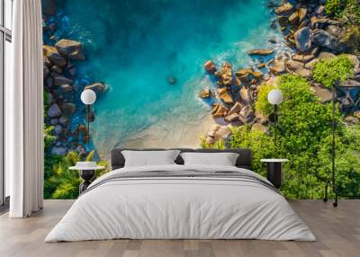 Tropical beach with sea and palm taken from drone. Seychelles famous shark beach - aerial photo Wall mural