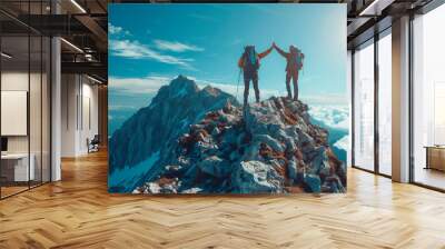 Two people are standing on a mountain, one of them is giving a high five to the other. The scene is peaceful and serene, with the mountains in the background and the sun shining brightly Wall mural