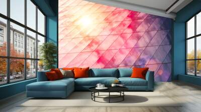 Web banner Modern glass architecture with reflection of red and blue sunset sky. Dramatic bright color. Vintage style background. Wall mural