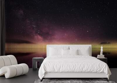 moon on  lilac blue  dark starry sky at  night at sea water wave reflection nebula milky way cosmic background  Wall mural