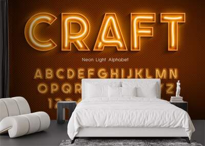 Neon light 3d alphabet, extra glowing font. Wall mural