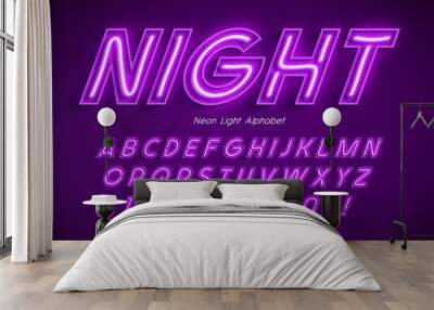 Neon light 3d alphabet, extra glowing font. Wall mural