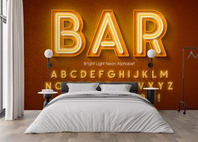 Neon light 3d alphabet, extra glowing font. Wall mural