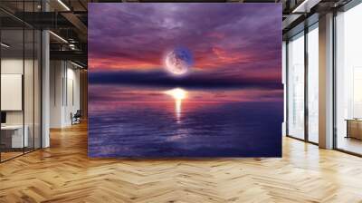 night sea at sunset cloudy  starry sky sun light and big moon reflection on water waves nature 
 Wall mural