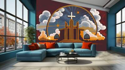 Painting of a christian cross in the clouds. Silhouettes of crucifix symbol on top mountain with sunbeam, generative ai Wall mural