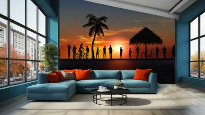 people   silhouette  palm tree on pink gold orange  sunset at beach on promenade relaxing Wall mural