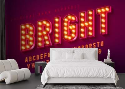 Retro cinema alphabet design, cabaret, LED lamps letters and numbers. Wall mural