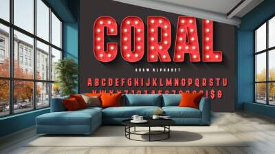 Retro cinema alphabet design, cabaret, LED lamps letters and numbers. Wall mural