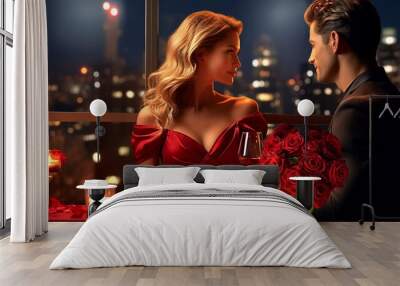 romantic couple blond woman in red dress and man watch night city buildings windows light,blurred light  on blue sky ,red roses, candle light  ,Valentine day wedding background   Wall mural