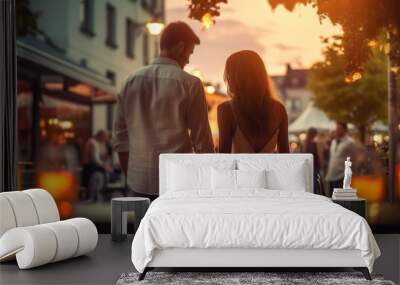 romantic couple in white clothes walk on street at summer evening ,people relax with glass of sparkling wine in street cafe ,windows light reflection ,flowers on street,generated ai Wall mural