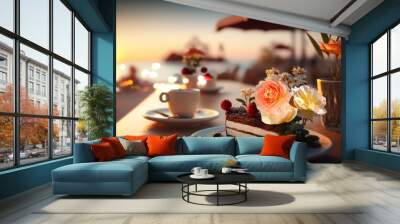 romantic sunset beach caffee ,cup of coffee ,sweet cake and flowers on table ,romantic couple relaxing  generated ai Wall mural