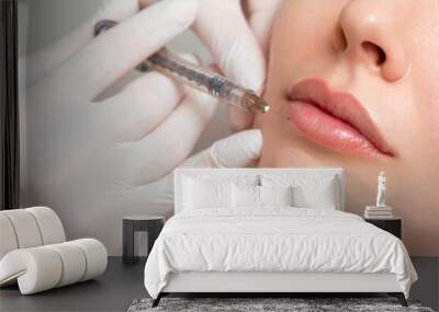 A woman makes lip shape correction in a cosmetology clinic. Lips injections, lip augmentation. Wall mural