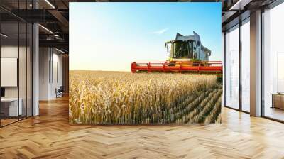 Combine harvester harvests ripe wheat. Ripe ears of gold field on the sunset cloudy orange sky background. . Concept of a rich harvest. Agriculture image Wall mural