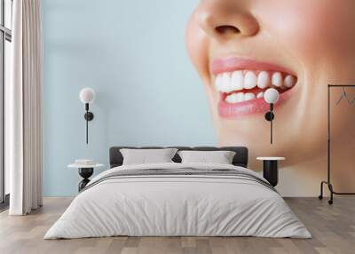 Perfect healthy teeth smile of a young woman. Teeth whitening. Dental care, stomatology concept. Wall mural