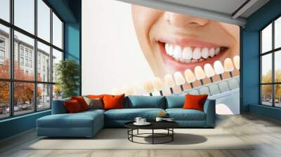 Smiling young woman. Cosmetological teeth whitening in a dental clinic. selection of the tone of the implant tooth Wall mural