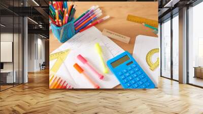 School supplies background. Back to school concept. Items for school. Office desk with copy space. Flat lay. Education and school concept. Stationery pencils, pens on table Wall mural