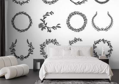 Set of hand drawn wreaths or round floral garlands Wall mural