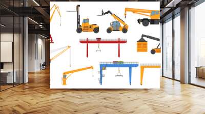 Shipping port equipment industrial heavy lifting crane transportation set vector flat illustration Wall mural