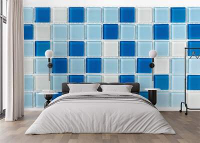 Sample small glass white and blue tile on a plastic grid. Wall mural