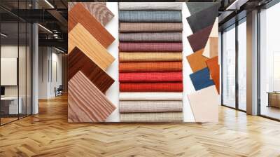 samples of parquet, fabric for curtains, and leather for the work of the interior designer. Wall mural