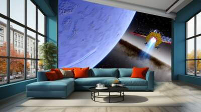 spaceship flies near exoplanet, spaceship of the future in space, ufo, spaceship in space 3d render Wall mural