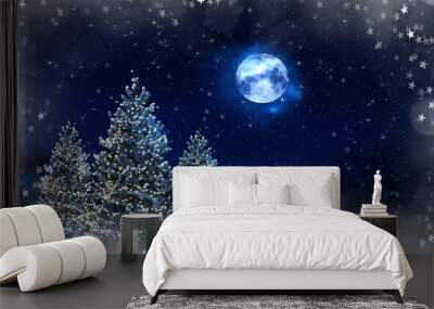 starry night bug moon and Festive Christmas trees decoration holiday  greetings text  template background card Wall mural