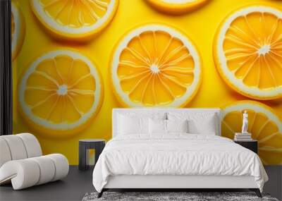 Summer concept  citrus fruits in yellow water with circles and ripples, copy space. Wall mural