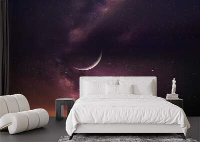 sunset light  moon on   blue starry cloudy  sky nebula cosmic planet universe Wall mural