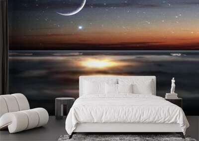 sunset reflection at sea water  beach sand night blue starry sky and moon , nebula on sea beautiful seascape milky way universe template background copy space Wall mural