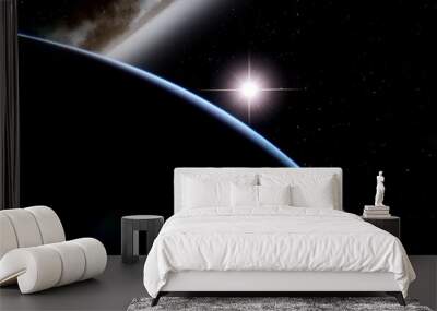 super-earth planet, realistic exoplanet, planet suitable for colonization, earth-like planet in far space, planets background 3d render	 Wall mural