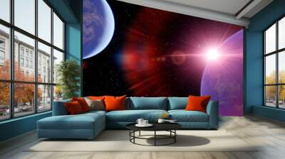 super-earth planet, realistic exoplanet, planet suitable for colonization, earth-like planet in far space, planets background 3d render Wall mural