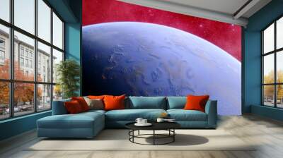 super-earth planet, realistic exoplanet, planet suitable for colonization, earth-like planet in far space, planets background 3d render	 Wall mural