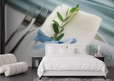 Table appointsment in restaurant. Wedding decoration in blue style Wall mural