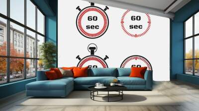 Timer 60 seconds on gray background . Stopwatch icon set. Timer icon. Time check. Seconds timer, seconds counter. Timing device.  Four options. EPS 10 vector. Wall mural