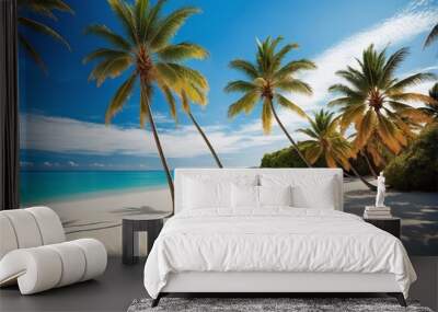 turquoise ocean waves with palm trees along the shore beach background Wall mural