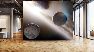 two beautiful planets in space, two planets in space, planets space background 3d render Wall mural