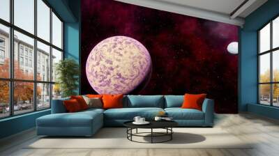 Two planets in space, planet and satellite, exoplanet satellite, planets in space 3d render Wall mural