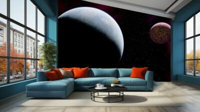 Two planets in space, planet and satellite, exoplanet satellite, planets in space 3d render Wall mural