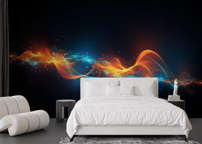 Visualization of orange and blue wave particle. Generative AI technology. Wall mural