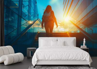 Walking Toward Success, Woman Ascends Stairs in The Sky, Career Ambition Future Concept. Wall mural