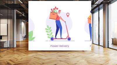 Woman collecting floral composition of different flowers. Courier riding scooter and delivering order. Set of flower delivery service, flower shop. Vector flat illustration for banner, mobile app Wall mural