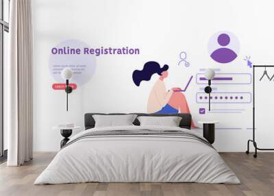 Woman creating new account with login and secure password. Registration user interface. Users register online. Concept of online registration, sign in, sign up. Vector illustration in flat for app, UI Wall mural