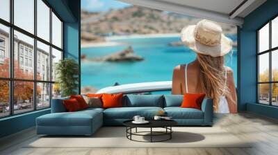 Young Woman In Straw Hat Standing Near Her Car Enjoying View Of Turquoise Sea During Summer Vacation Wall mural